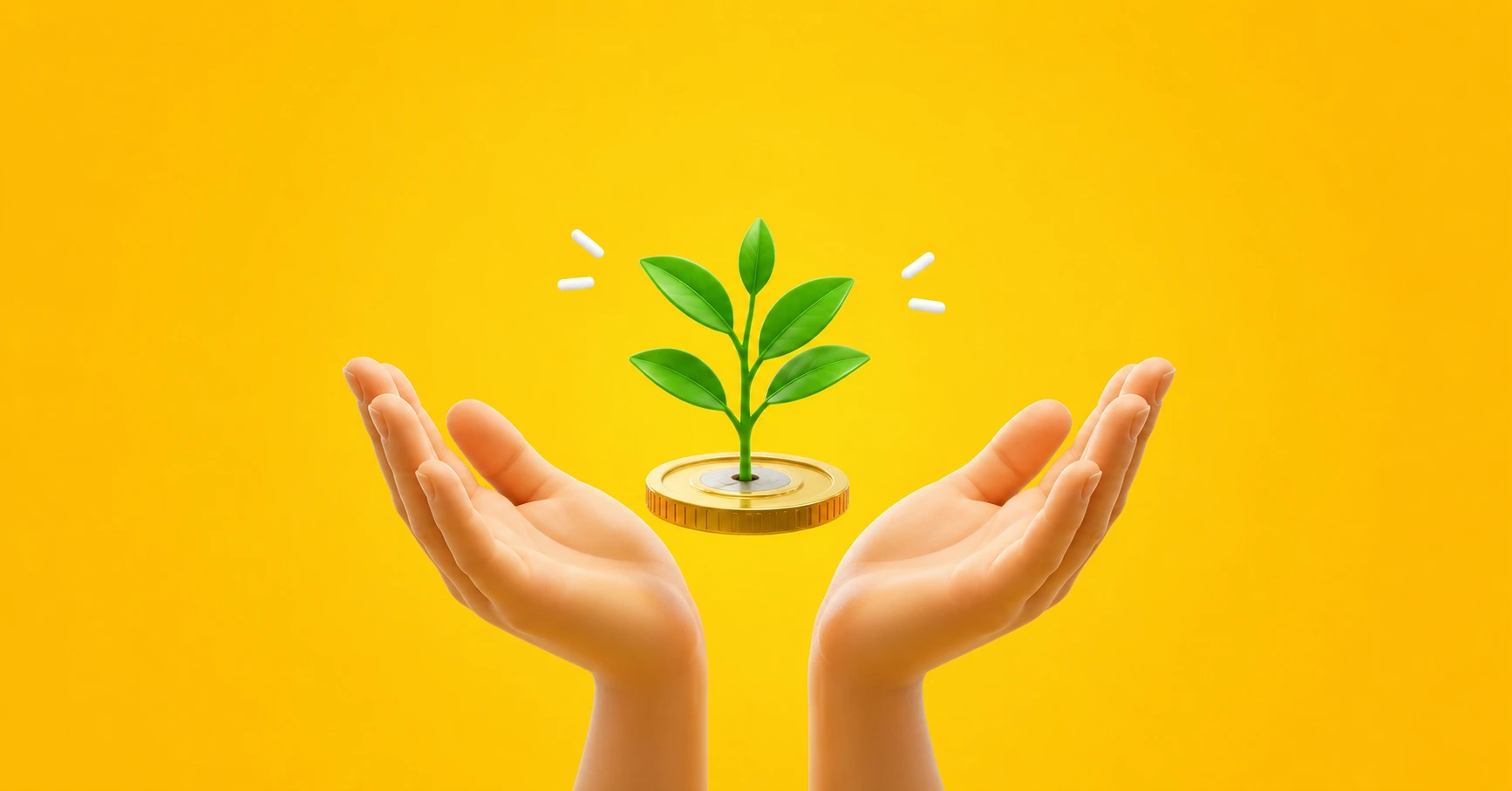 manos con planta y monedas